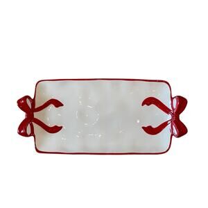 Hand Painted RED BOW Ceramic Serving Tray 12in Christmas Holiday New